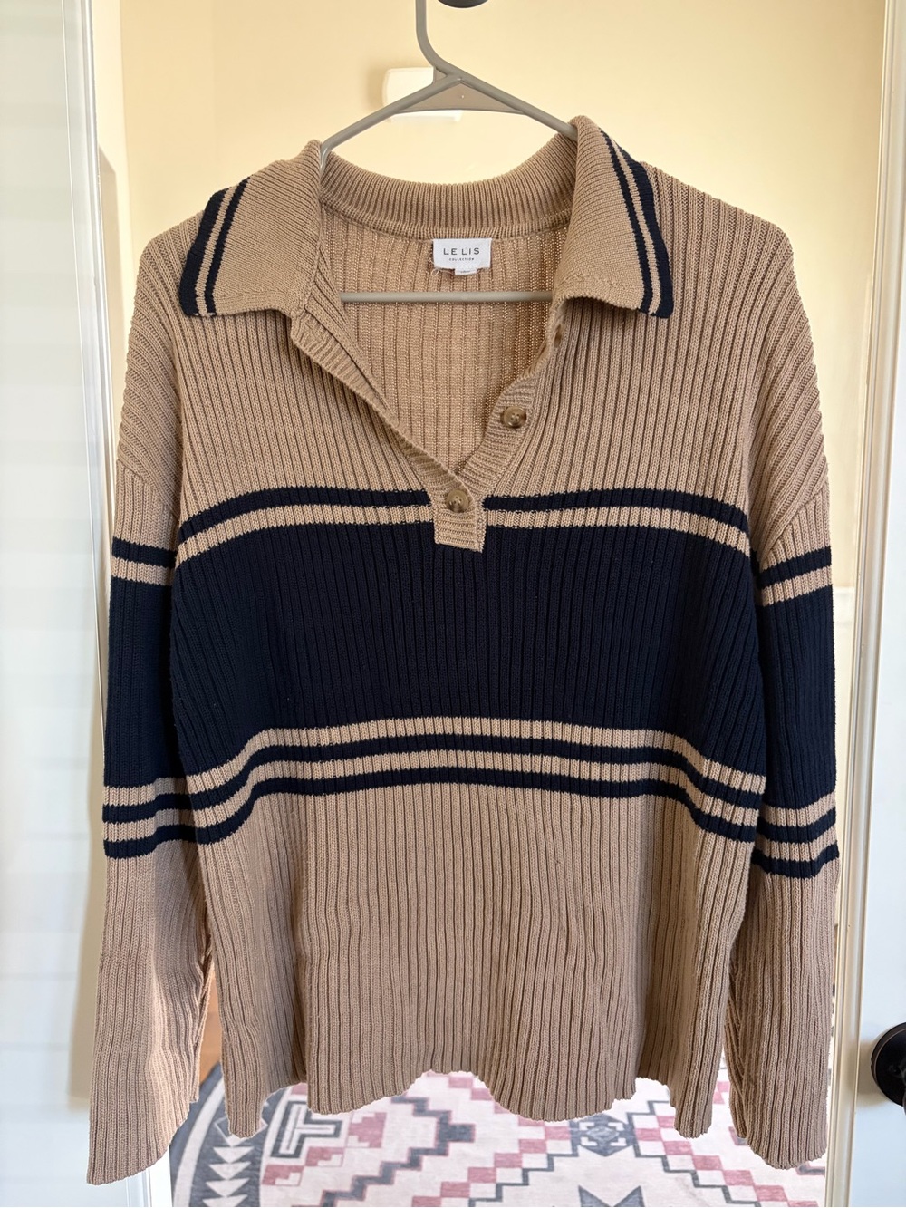 Le Lis Tan and Navy Ribbed Polo Sweater